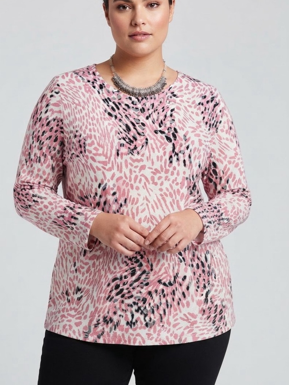 ALIA Pink & Black Animal Print Long Sleeve Top With Crystals size Large